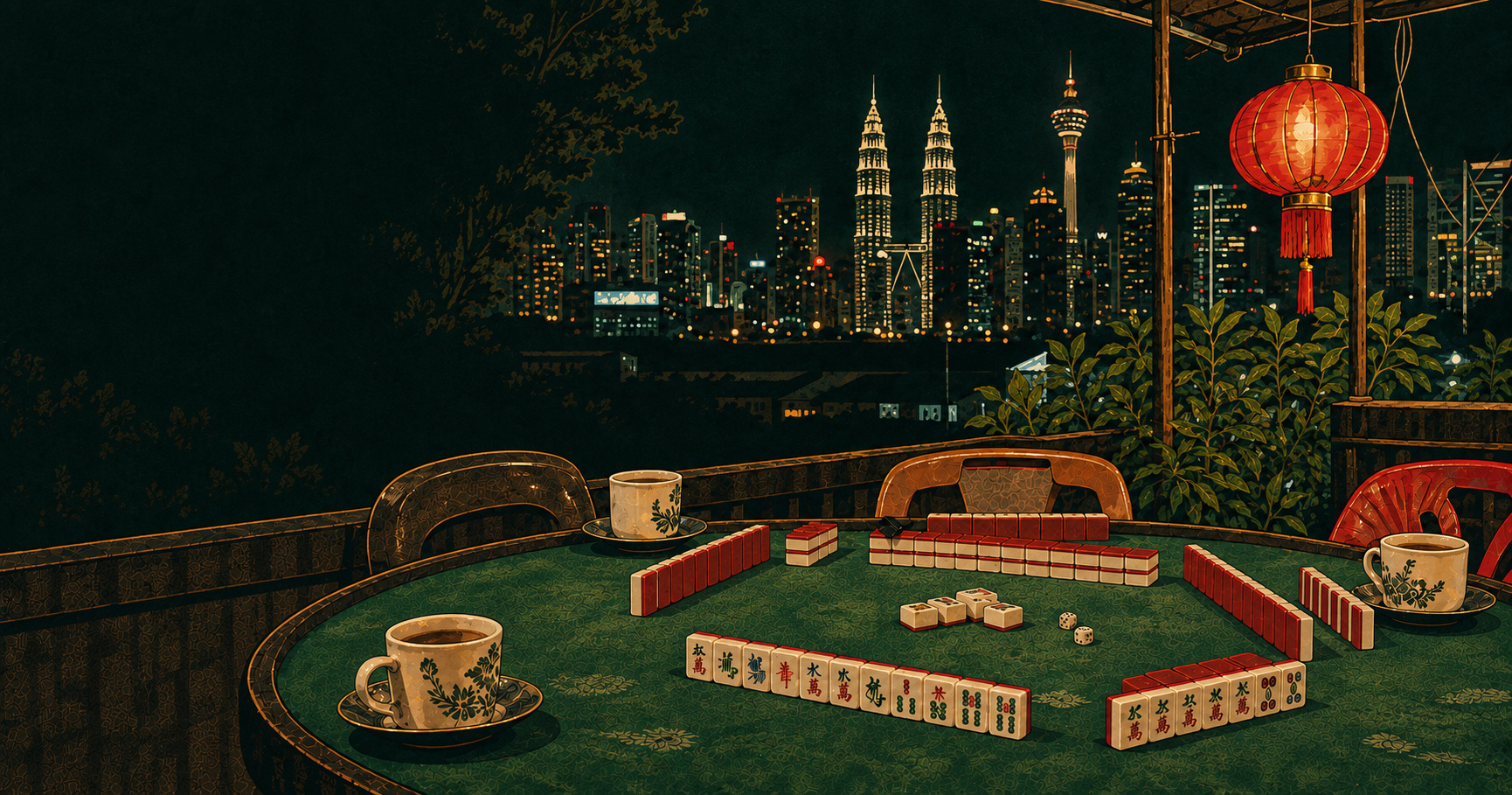 Jom Mahjong table overlooking Kuala Lumpur at night